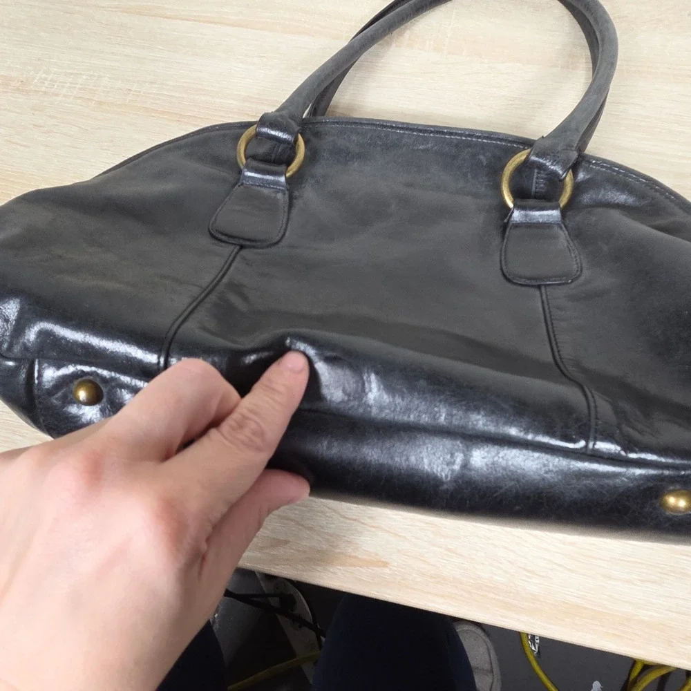 HOBO International Black Leather Satchel Handbag Brass Hardware